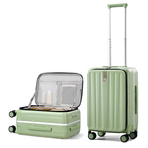 Image of Hanke 55cm Front Opening Cabin Luggage Trolley Bag, Strong Aluminum Frame, Durable Polycarbonate Hard Shell, Silent Wheels & Combination Lock, Lightweight Carry On Suitcase for Travel.(Bamboo Green)