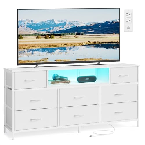 SONGMICS BELLAH Collection - Dresser for Bedroom with Outlets and LED Lights TV Stand for TVs Up to 65 Inches Chest of Drawers 8 Drawers Steel Modern Cloud White ULGS434WH02S