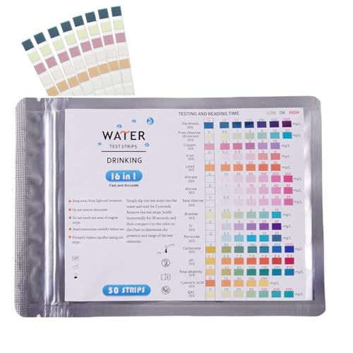 50x Wassertester Trinkwasser,Trinkwasser Teststreifen,16 in1 Wasserteststreifen,Ph teststreifen Einfache Überprüfung der Wasserqualität,testet Wasserhärte,Blei,Eisen,Kupfer