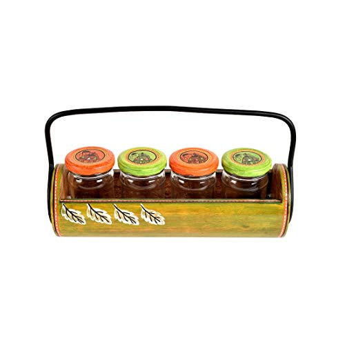 Image of AAKRITI ART CREATIONS Pickle Organiser with Stand | Handcrafted Madhubani Art Storage Jars| Kitchen Decoration Items Stylish Tray & Jars| Kitchen Jars with Wooden Tray