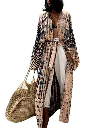 Women's Open Front Tie Dye Long Kimono Cover Ups with Belt Summer Loose Long Kimono Robe Swimsuits
