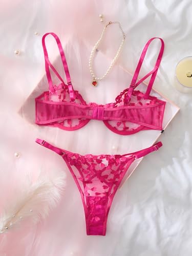 Image of Lilosy Sexy Underwire Cute Push Up Strappy Embroidered Mesh Sheer Lingerie Set See Through Panty Bra