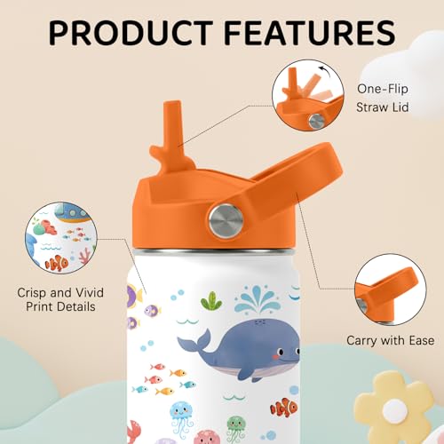 Image of Sea Animal Water Bottle for Daughter, Stainless Steel Insulated Tumbler with Straw Lid and Handle, 12oz Reusable Leak-Proof Bottle for Sports