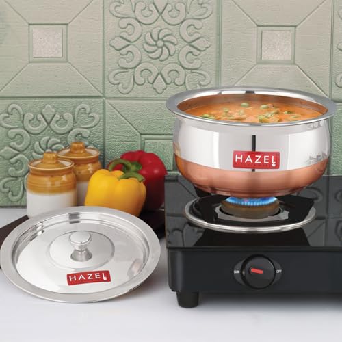 Image of HAZEL Copper Bottom Handi Medium 1200 ml with Lid | Stainless Steel Cookware Handi for Kitchen | Copper Bottom Vessel for Cooking | Steel Utensil for Cooking & Serving