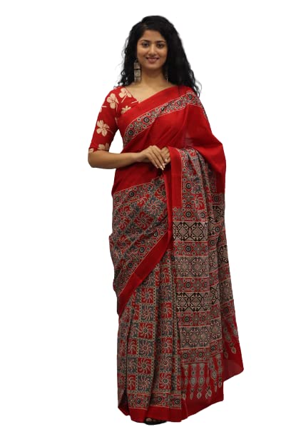JALTHER Handicrafts Women's Ikat Hand Block Print Jaipuri Cotton Mulmul Saree with Blouse Piece