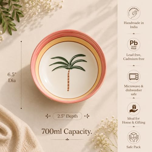 Image of Ceramic Snack Bowl Set for Serving, Dessert & Fruits | Multipurpose Kitchen Bowls Set | Premium Aesthetic Small Serving Bowl Palm Tree Design | Pack of 1| 700ml