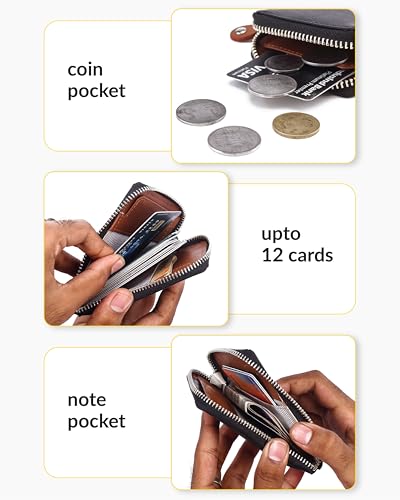 Image of Destinio Card Holder Wallet for Men Women - Genuine Leather, Branded Zippers, RFID Protection - ATM Debit Credit Card Holder, Slim RFID Protected Zipper Money Coin Purse (Black)