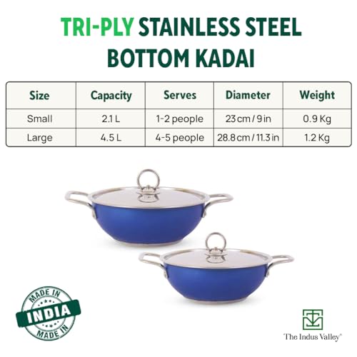 Image of The Indus Valley Coloured Stainless Steel Kadai with Steel Lid | Blue, Large, 28.8cm / 11.3 inch, 4.5Ltr, 1.2kg | Induction Friendly | Nonstick 3-Layer Bottom, 100% Toxin-Free, No Chemical Coating