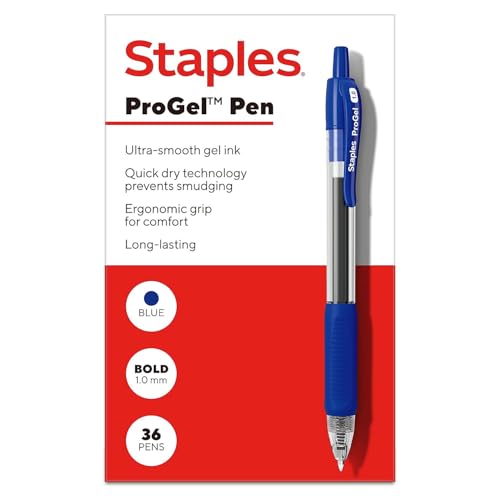 Image of STAPLES Retractable Gel Pens, Bold Point 1.0mm, Blue Ink, 36 Pack - ProGel Smooth‑Flow Pens for High‑Volume Office Use