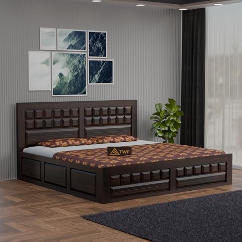 Image of Solid Sheesham Wood Queen Size Bed with Storage Box | Double Bed for Bedroom | Big Diamond Design Wooden Double Bed Cot for Home & Hotels | Rosewood, Walnut Finish
