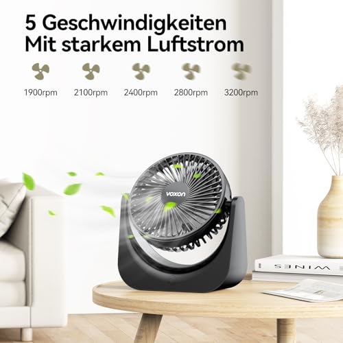 VOXON USB Tischventilator, Mini Ventilator mit 5 Geschwindigkeiten, Ventilator Leise, Usb Fan Klein mit 1,5M Langem Kabel, Tragbarer Usb Lüfter für Desktop Büro Zuhause Schlafzimmer, KEINE BATTERIE 2