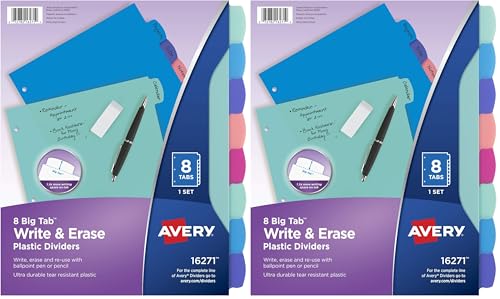 Image of Avery Write & Erase Dividers for 3 Ring Binders, 8 Tabs per Set, Multicolor Big Tabs, Pastels, Binder Dividers Great for Organizing Reports, Projects, and More (16271) (Pack of 2)