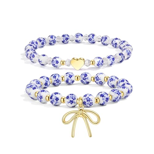 SAMOCO 2Pcs Bow Charm Beaded Bracelets for Women Blue/Pink Flower Vintage Bracelet Handmade Stretch Gold Beads Dainty Jewelry Gift