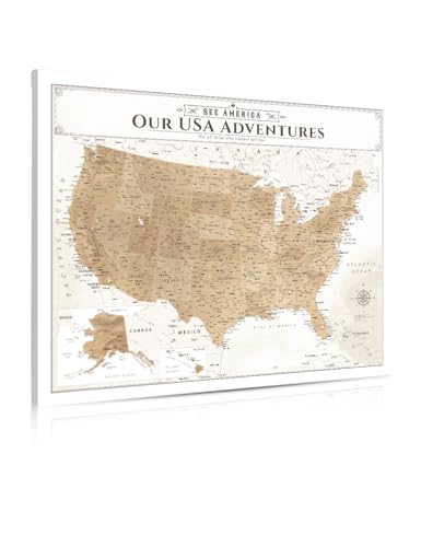 Image of IPIC - Canvas USA Maps for Wall Decor, Push Pin Map Decor to Mark Travels, Large USA Travel Map Print for Home, Office, Study, and RV, Ready to Hang