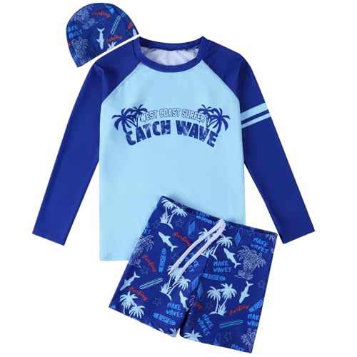 Hotfiary Traje de baño para niños, traje de baño para niños grandes, camiseta de manga corta y gorro de natación, conjunto de camiseta de traje de baño de dos piezas, traje de baño de verano para 8,