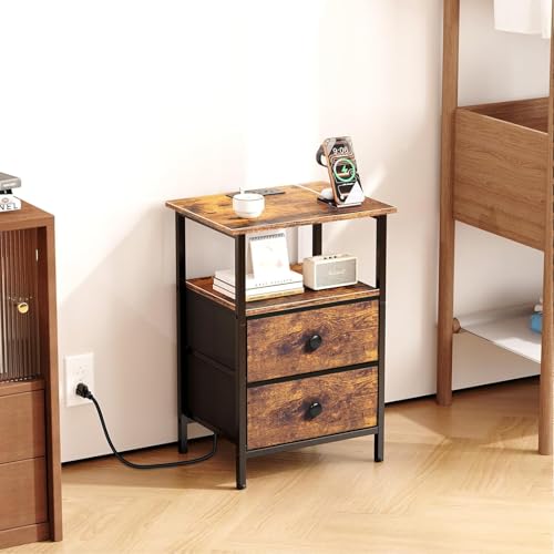 Image of Nightstand with Charging Station, Bedside End Table with 2 Fabric Drawers for Bedroom, Side Table with USB Ports and Outlets, Rustic Brown