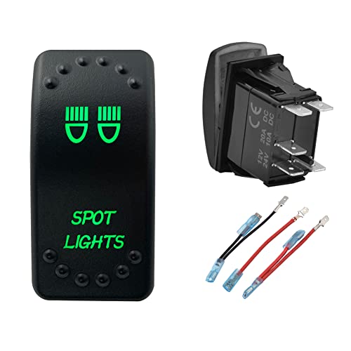 Image of Green Backlit Rocker Switch 5 Pin ON-Off Laser Etched Button Switch with Wires for Car Marine Boat UTV 20A /12V 10A /24V (SPOT Lights)