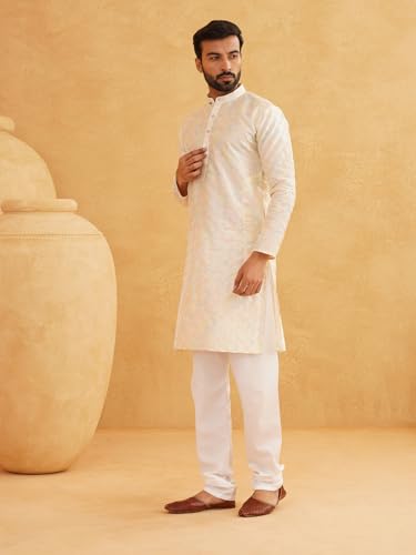 Sojanya (Since 1958 Men'S Silk Blend Cream Kurta With Multi Color Embroidery3
