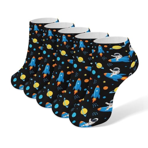 LITPUZC Women's Fashion Ankle Socks Funny Running Low Cut Socks Space Astronaut Rocket Cartoon No Show Athletic Sock Soft Breathable Crew Sock 5 Pairs