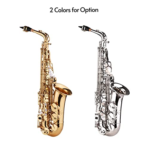 Saxofón alto, latón plano E con patrón tallado, incluye boquilla de plástico, guantes, paño de limpieza, cepillo y correas para músicos