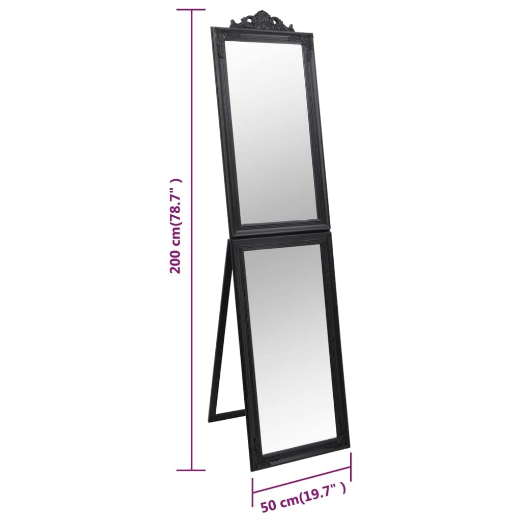 Standspiegel Schwarz 50 x 200 cm Barock Holzrahmen, klappbar freistehend für Flur Schlafzimmer Ankleidezimmer, klare Spiegelung für Make-up und Rasur