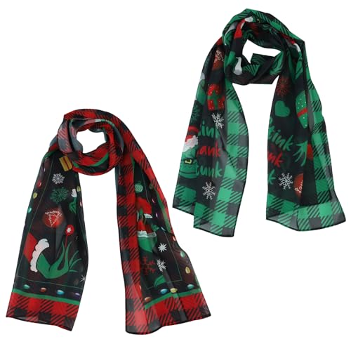 2 Pieves Christmas Theme Lightweight Scarf Xmas Elf Pattern Neck Scarf for Holiday Winter Gift
