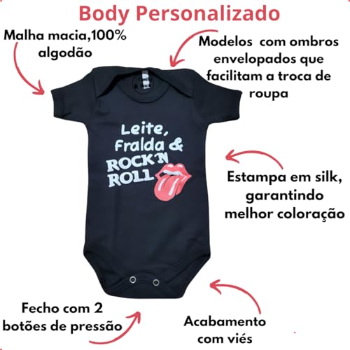 Body Bebê Mesversário Rock Menino Menina Leite, Fralda e Rock Língua body personalizado divertido (T