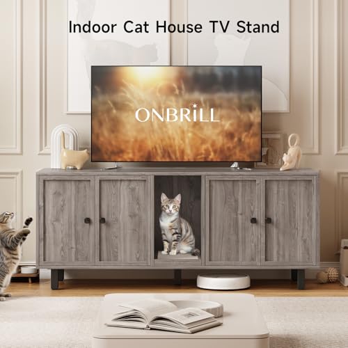 Image of ONBRILL 59 Inches Cat Litter Box Enclosure for 2 Cats, Hidden Litter Boxes Furniture with Cat Scratch Pad, Large Indoor Pet House with Double Room, Wooden TV Stand Side Table, Grey