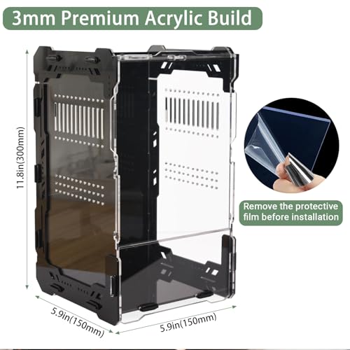 Image of Jumping Spider Enclosure - 3mm Black Transparent Acrylic Terrarium for Tarantulas, Mantises & Frogs, 11.8x5.9x5.9 Inch Mechanical Frame Habitat with Magnetic Feeding Hole & Rotating Lock