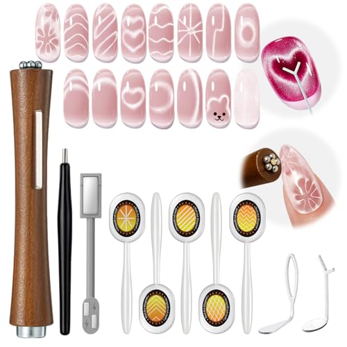 Image of modelones Cat Eye Magnet, 10PCS Cateye Magnet for Nails Cat Eye Gel Nail Polish Tools Heart Hole Square Powerful 3-in-1 Dual Head Magnetic Wand Heart French Floral Effect Salon DIY Use Gift