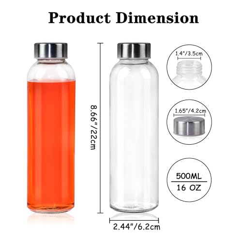 12 Pack Glass Water Bottles, 16oz Clear Glass Bottles with Stainless Steel Lids, Reusable Glass Drink Bottles with Caps for Juicing, Smoothies, Tea, Water, Beverages - Image 3