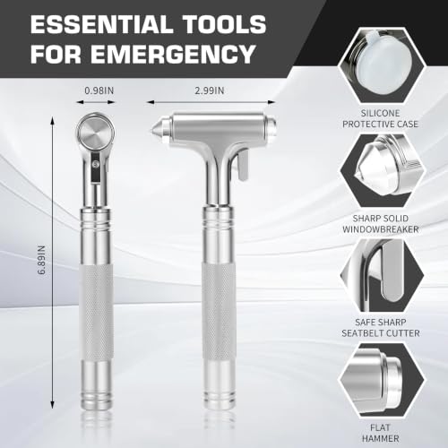 Image of Window Breaker, Car Emergency Escape Hammer with Seat Belt Cutter, Car Safety Hammer, Car Glass Breaker for Vehicle, Office, Home (Silver)