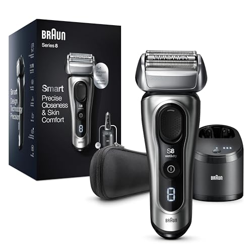 Braun Series 8 Rasierer Herren mit 3+1 Scherkopf, Elektrorasierer &amp; Trimmer, Sonic-Technologie, 40°-Kopf, Konturenanpassung, Reinigungsstation, Wet &amp; Dry, 8467cc, silber
