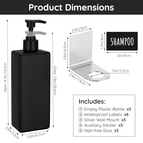 Image of Segbeauty Soap Dispenser Wall Mounted, 3pcs 16.9oz Drill Free Shampoo Bottles with Waterproof Labels, Refillable Plastic Shower Dispenser Set Soap Holder Shower Accessories for Shower Wall Black