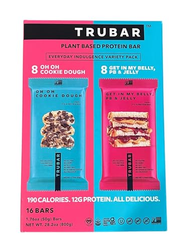 Gluten Free/Vegan TruBar Protein Bar Plant Based Variety Pack, Cookie Dough and PB & Jelly, 16 Bars, 12g Protein, 190 Calories, Gluten Free with THANK YOU STICKER