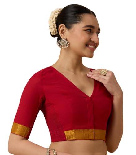 Image of Studio Shringaar Women's Handloom Cotton Stretchable (Smocked) Saree Blouse with Temple Zari Border