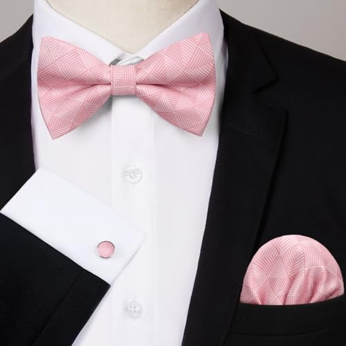 Image of HISDERN Mens Plaid Bow Tie Set Pocket Square and Cufflinks Bowtie | Pretied Bowties Design for Easy Wear,Check Pattern,Matching Handkerchief Cuff Link,3PCS Set Wedding Formal Party Groom Prom