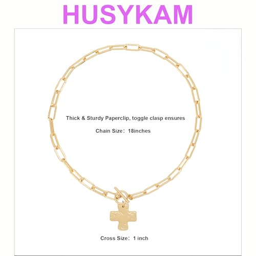 Gold Chunky Cross Necklace for Women - Statement Layered Hammered Cross Pendant Jewelry with Vintage Toggle Clasp, Bold Paperclip Chain Necklace Gift for Her4