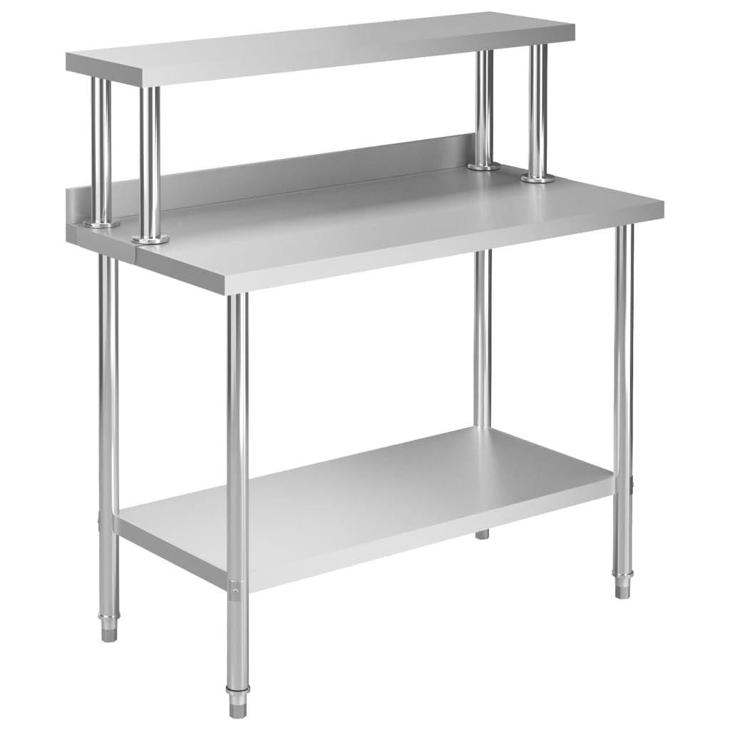 Mesa de trabajo de cocina con estante superior de 120 x 60 x 120 cm, acero inoxidable, mesa de gastro con cantos, patas niveladoras, estante inferior, para cocina, restaurante, catering