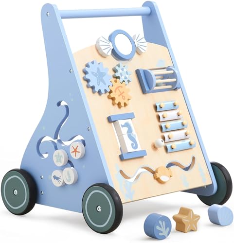 Asweets Trotteur en Bois Pour Bébé, Centre d'Activités Multiples Montessori Pour Garçons Et Filles de 12+ Mois, Jouet Éducatif à Pousser Et à Tirer (Bleu)