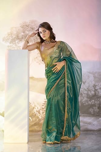 Shiv Textiles Women's Twill Net Lace Border Saree(Klis-918-Green)