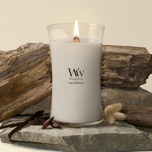 Image of WoodWick Tonka & Almond Milk Gifts for Women and Men, 21.5 oz Large Hourglass Candle with Crackling Wick