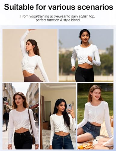 Image of Venzina Womens Textured Crop Top with Tummy Control & Mesh Back Cross Front Yoga Shirt Four-Way Stretch, Quick-Dry Workout Top for Gym, Running, Fitness-White - L
