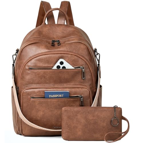 Image of LATMAP 32L Vegan Leather backpack Women 14.5"x8.5"x16",Laptop Backpack for Women College Daypack Work Handbag Travel fits 14" Laptop Business,Brown