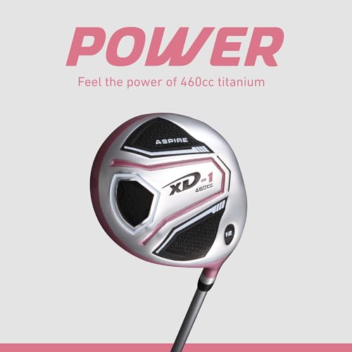 Image of Aspire XD1 Womens Golf Clubs Full Set, Includes Driver, Fairway, Hybrid, 6-PW Irons, Putter, Stand Bag, 3 H /C's, Ultra-Light Graphite Shafts, Golf Clubs Women Right Handed, Comes in 3 Sizes, Pink