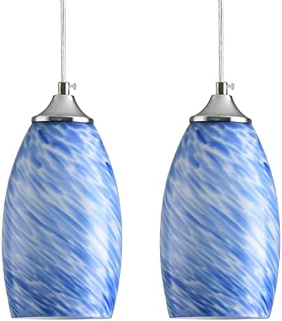 Blue Pendant Lights 2 Pack, Pendant Lighting for Kitchen Island with Handcrafted Art Glass, Chrome Finished Hanging Light Fixture with Adjustable Cord for Kitchen Dining Room Living Room Hallway