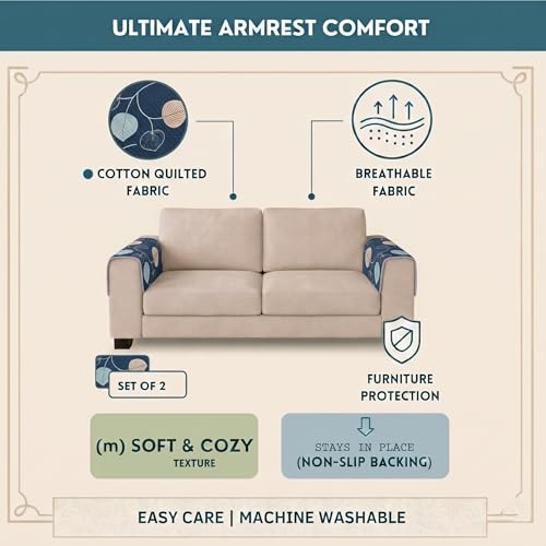 Image of STITCHNEST 'Frostvine Collection' Sofa Armrest Cover | Cotton Quilted Fabric, Washable & Durable for Modern Living (18 x 22 Inches)