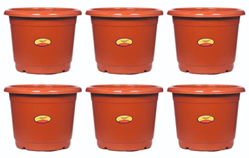 Image of Synergy Plast Plastic Round Shape Flower Pots 6 Pcs, 10 Inch Heavy Duty Plant Containers /Planter /Gamla /Plant Pot for Gardening, Balcony, Terrace, Home Decor Indoor & Outdoor Planting (Teracotta)