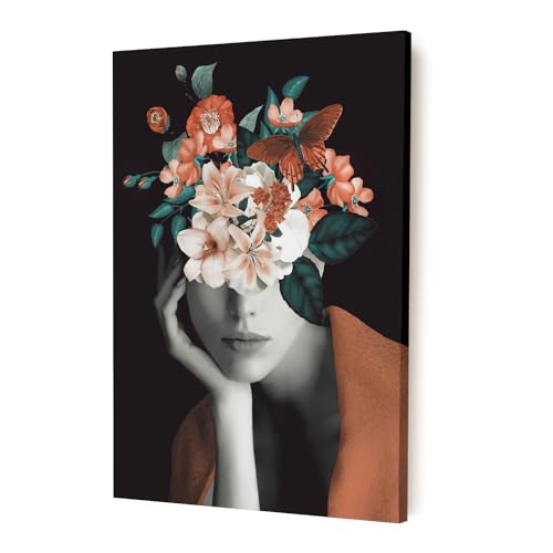 Image of PAINTINGMANTRA Stretched Modern Canvas Wall Art Painting, Women Flowers & Butterfly Artwork for Living Room, Home, Bedroom, Office Decoration (Set of 1, 16x22 Inch)