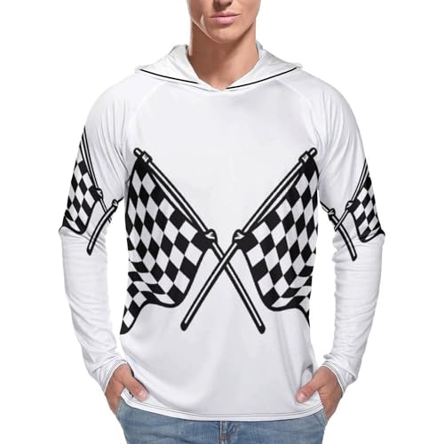 Mens UPF 50+ Sun Protection Hoodie Rash Guard Long Sleeve Sun Shirt Hiking Checkered Flags Race Flag Fishing Hoodie-
